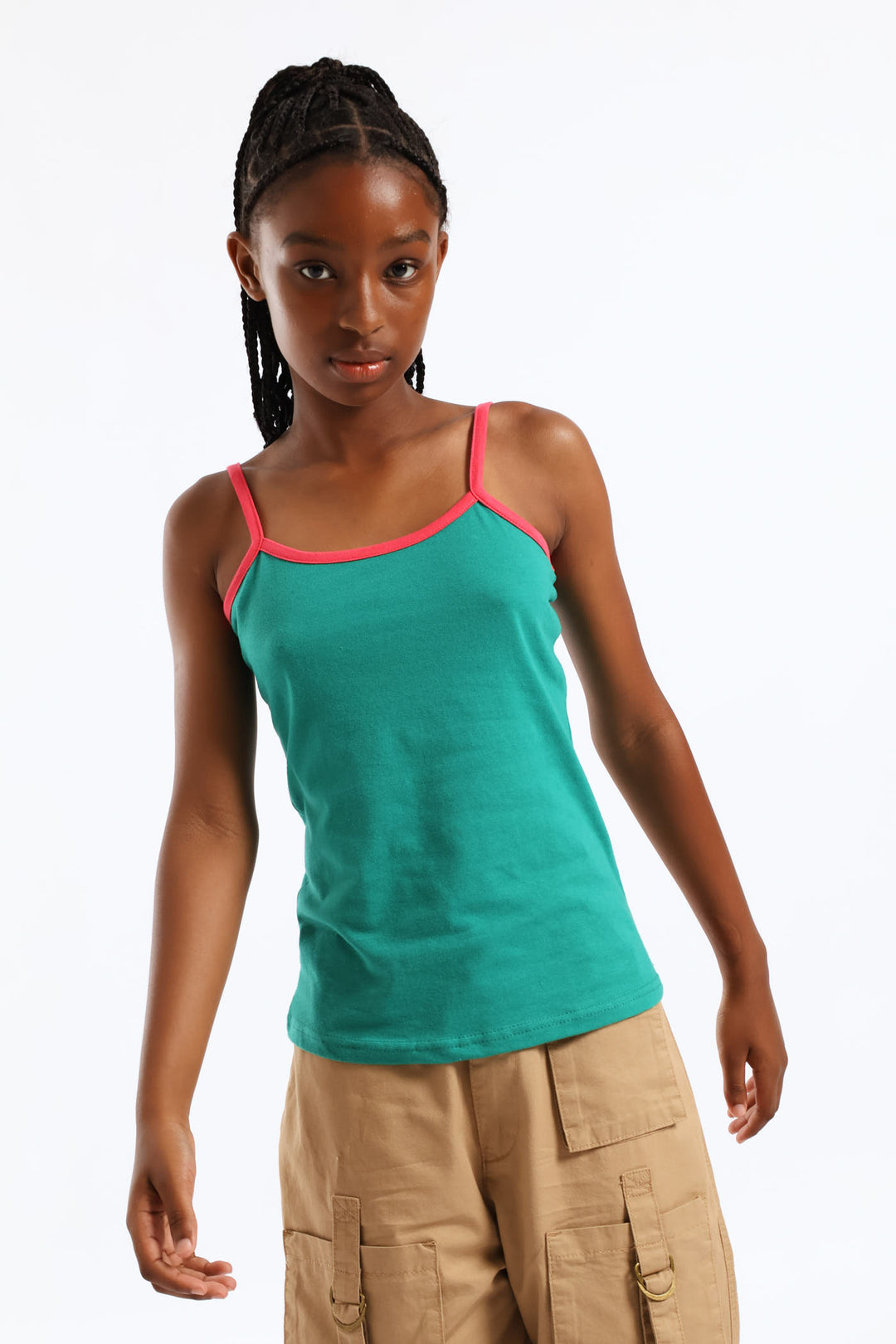 Girls 2 Tone Strappy Basic Vest - Green