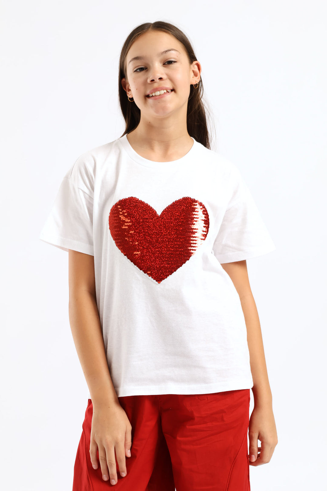 Girls Reverse Sequin Heart Top - White