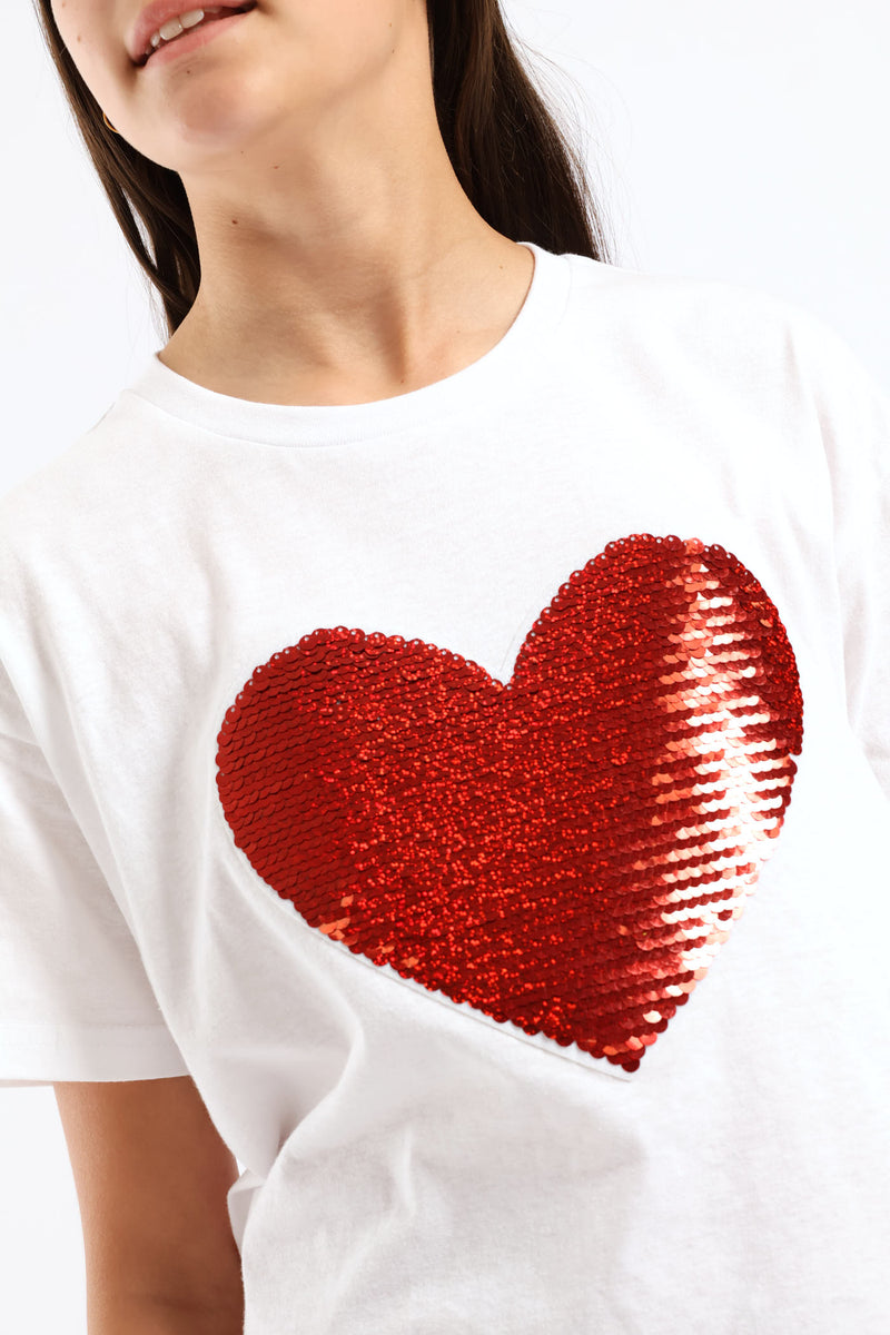 Girls Reverse Sequin Heart Top - White