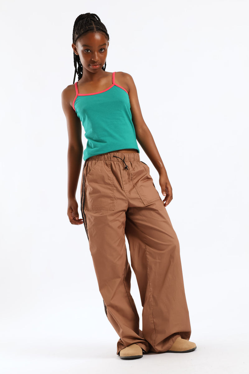 Girls Wideleg Cargo Double Side Tape Pants - Brown