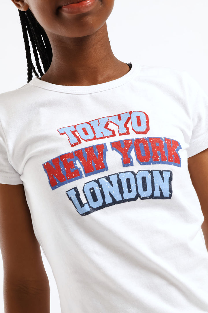 Girls Destination Fitted Tee - White