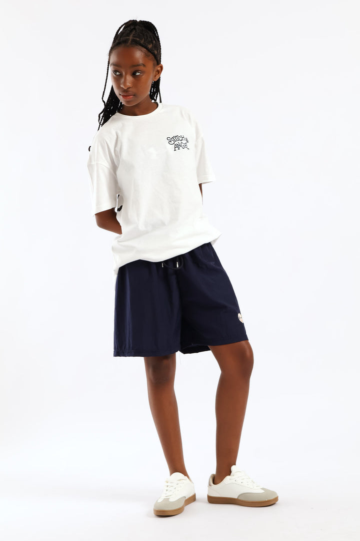 Girls Bear Badge Nylon Sport Short - Navy