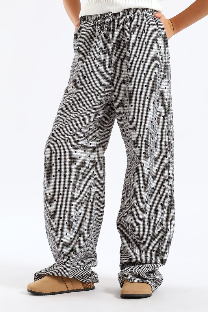 Girls Embroidered Heart Check Pull On Pants - Black/White