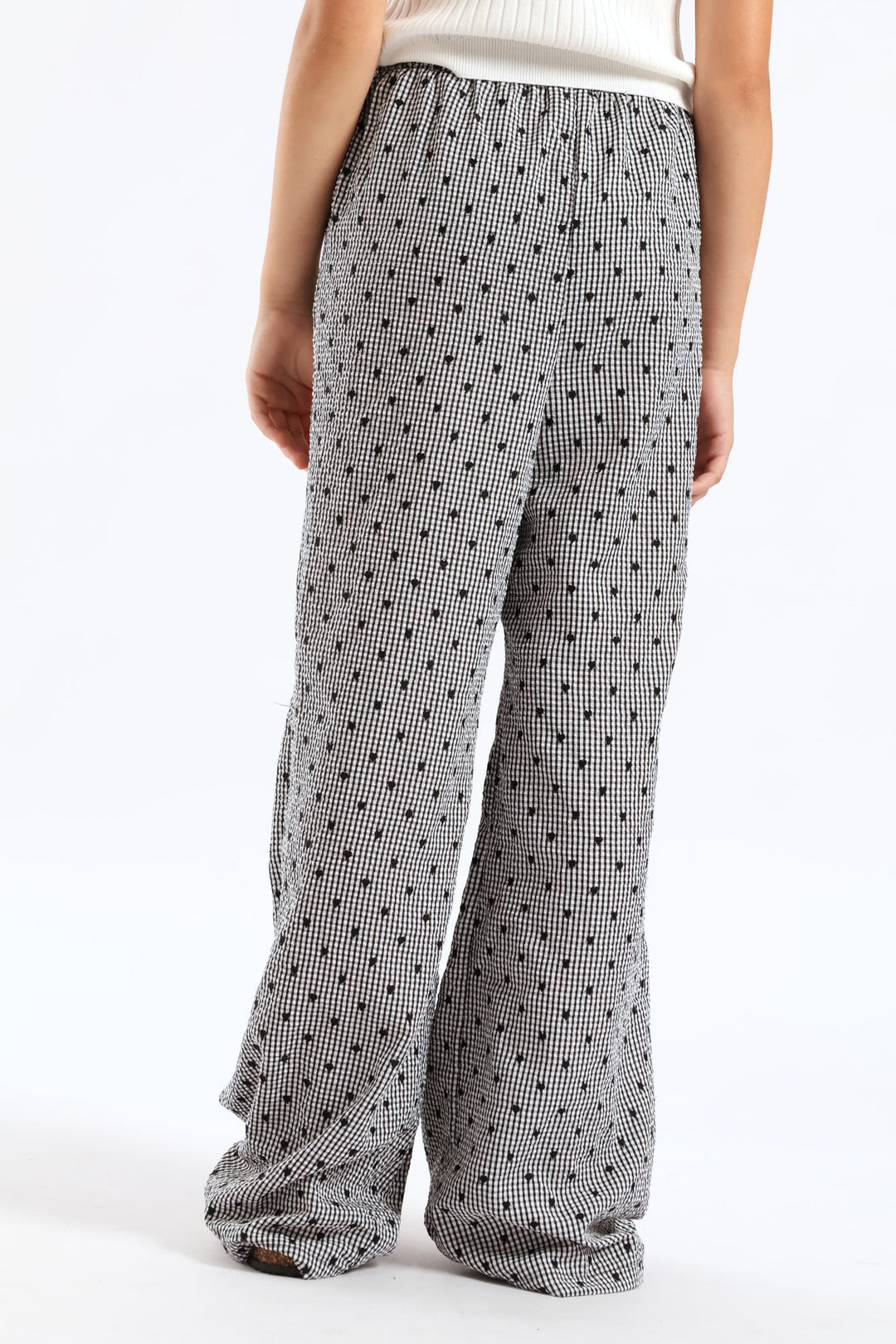 Girls Embroidered Heart Check Pull On Pants - Black/White