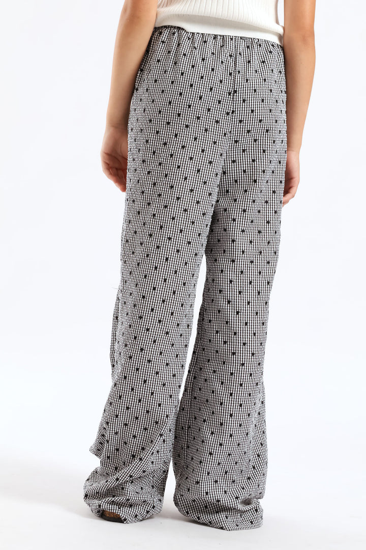 Girls Embroidered Heart Check Pull On Pants - Black/White