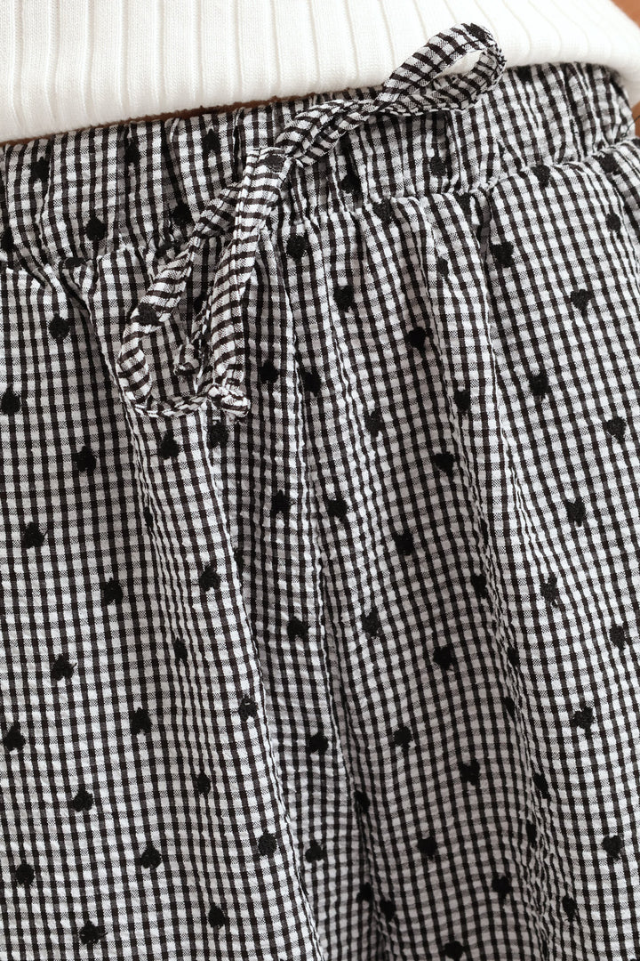 Girls Embroidered Heart Check Pull On Pants - Black/White