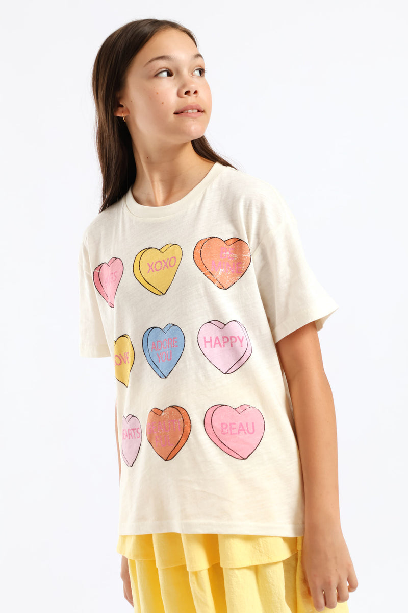 Girls Candy Heart Oversized Tee - Cream