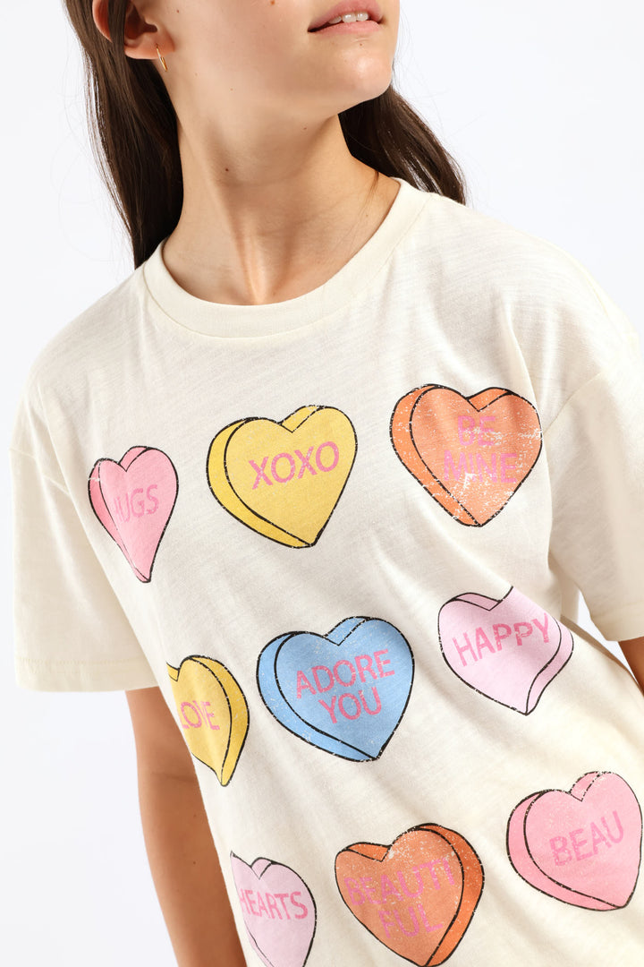 Girls Candy Heart Oversized Tee - Cream