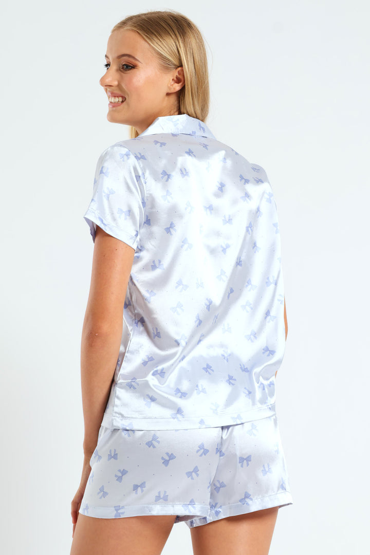 Bows & Spots Satin Button Through & Short Set - Blue