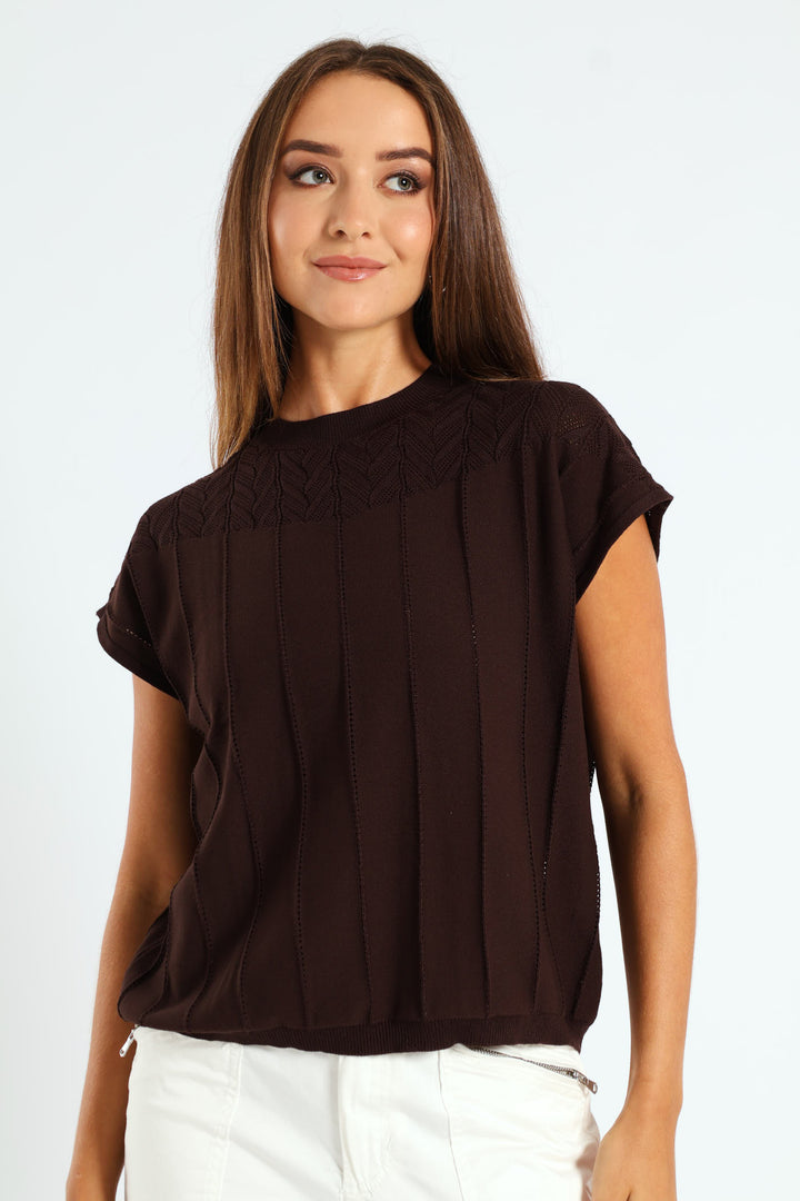 Pointelle Yoke Sweater - Chocolate