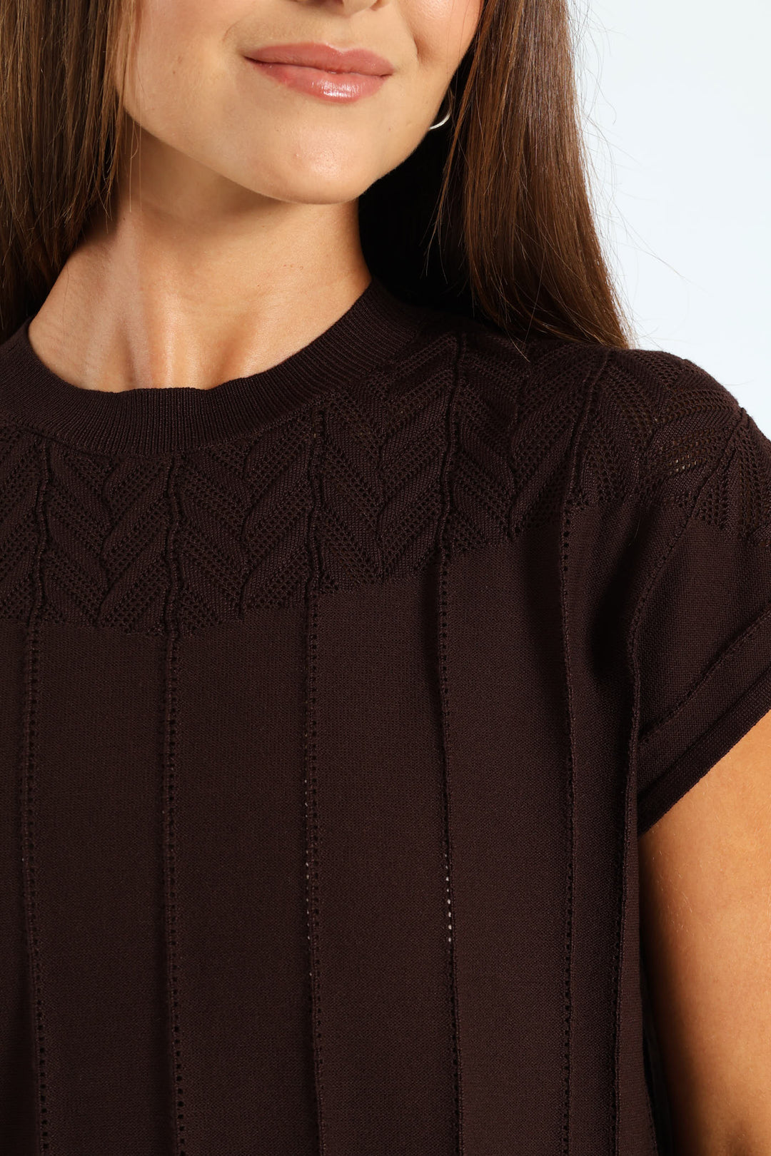 Pointelle Yoke Sweater - Chocolate