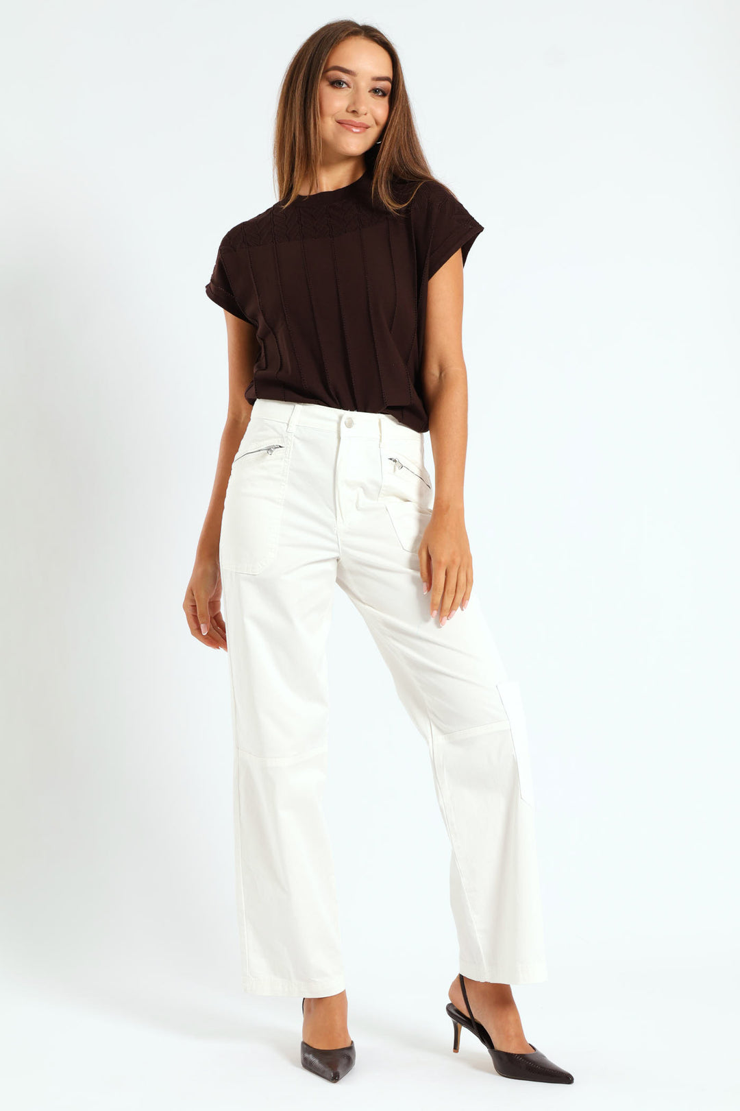 Zip Detail Utility Sateen Wideleg Pants - White