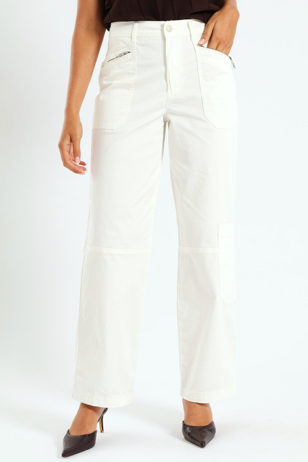 Zip Detail Utility Sateen Wideleg Pants - White