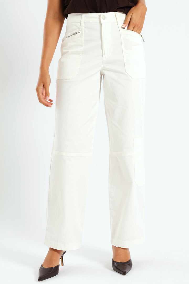 Zip Detail Utility Sateen Wideleg Pants - White