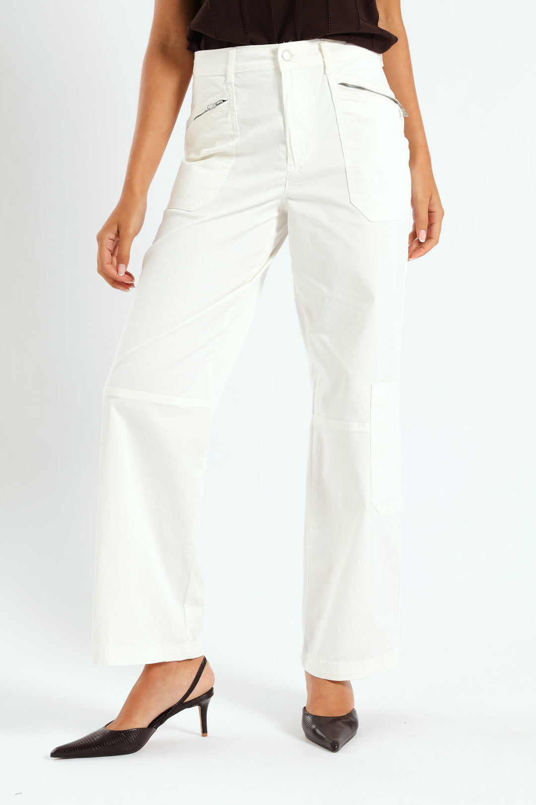 Zip Detail Utility Sateen Wideleg Pants - White