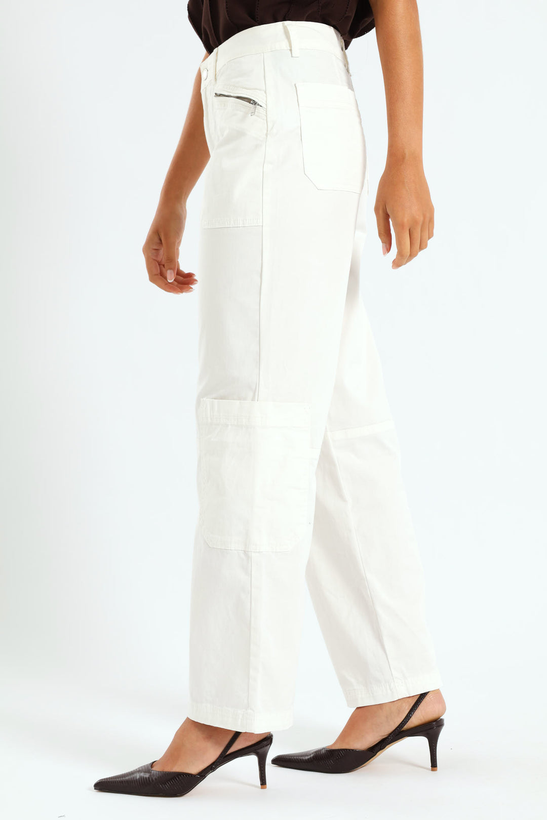 Zip Detail Utility Sateen Wideleg Pants - White