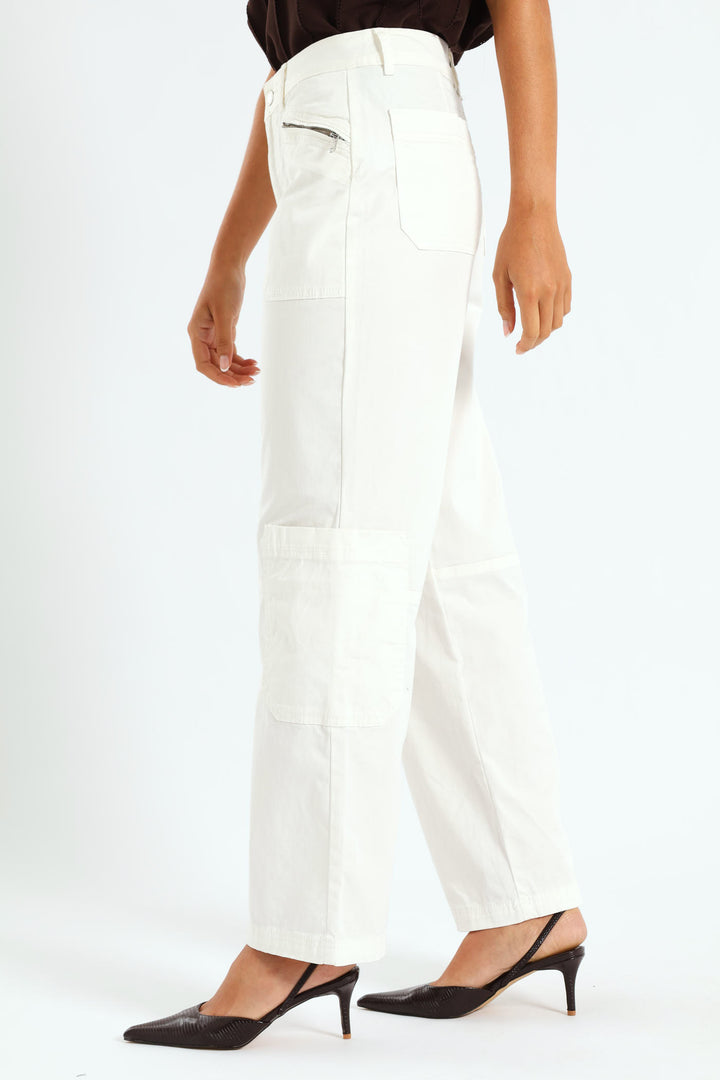 Zip Detail Utility Sateen Wideleg Pants - White