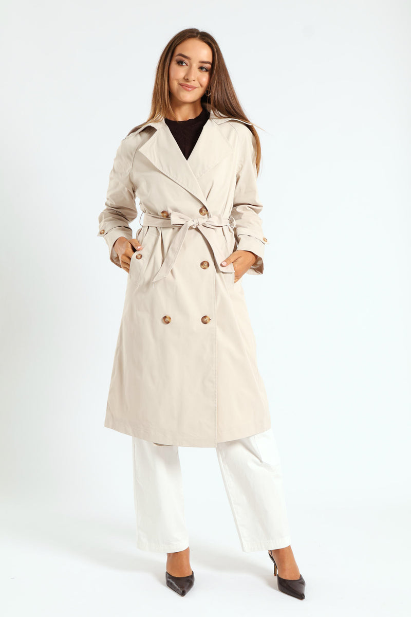 Classic Trench Coat With Epaulettes & Button Detail - Stone