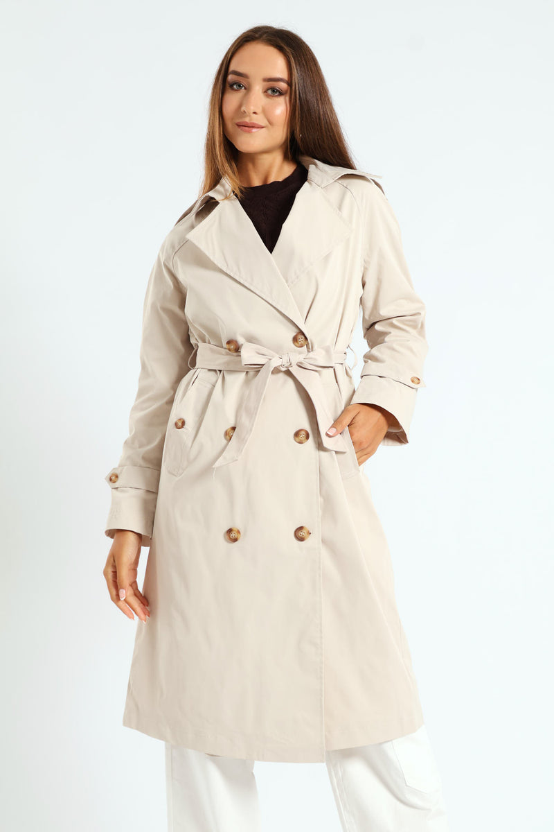 Classic Trench Coat With Epaulettes & Button Detail - Stone