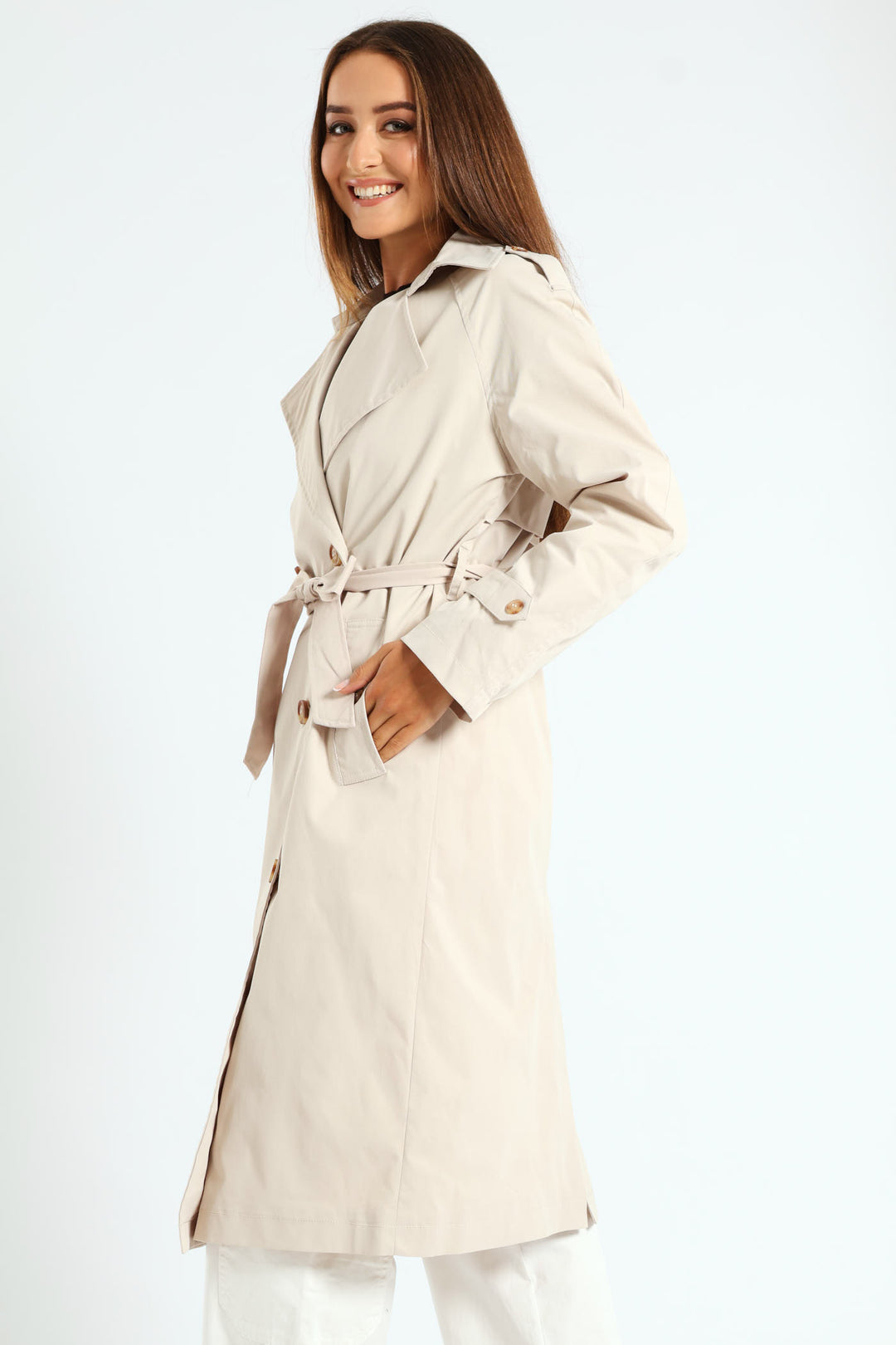 Classic Trench Coat With Epaulettes & Button Detail - Stone