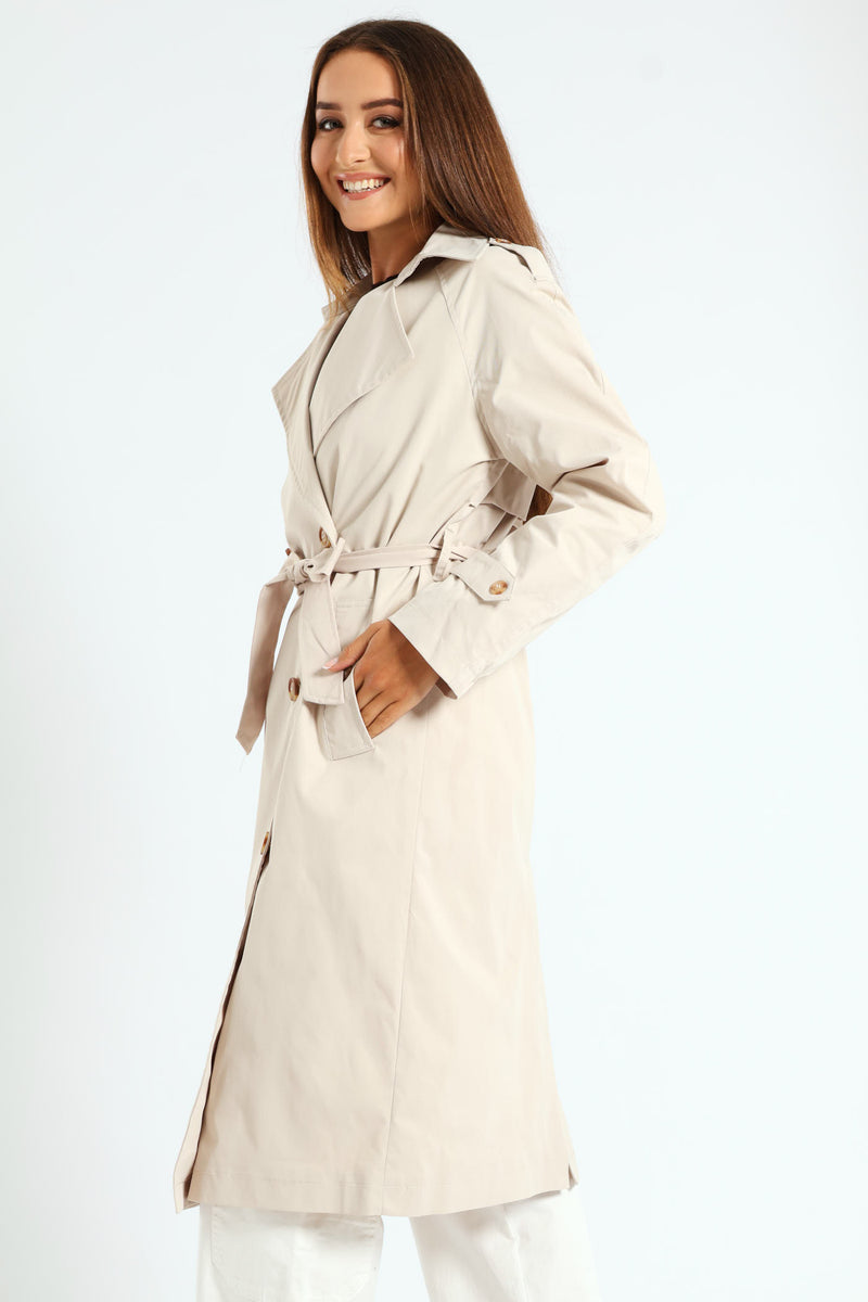 Classic Trench Coat With Epaulettes & Button Detail - Stone