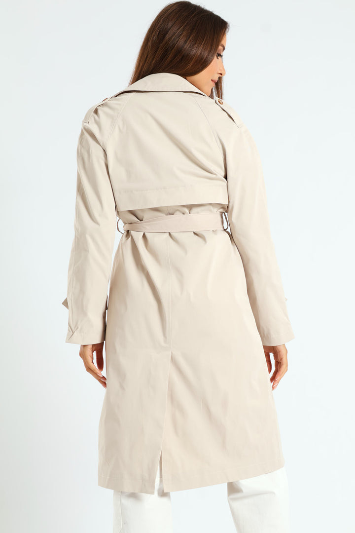 Classic Trench Coat With Epaulettes & Button Detail - Stone