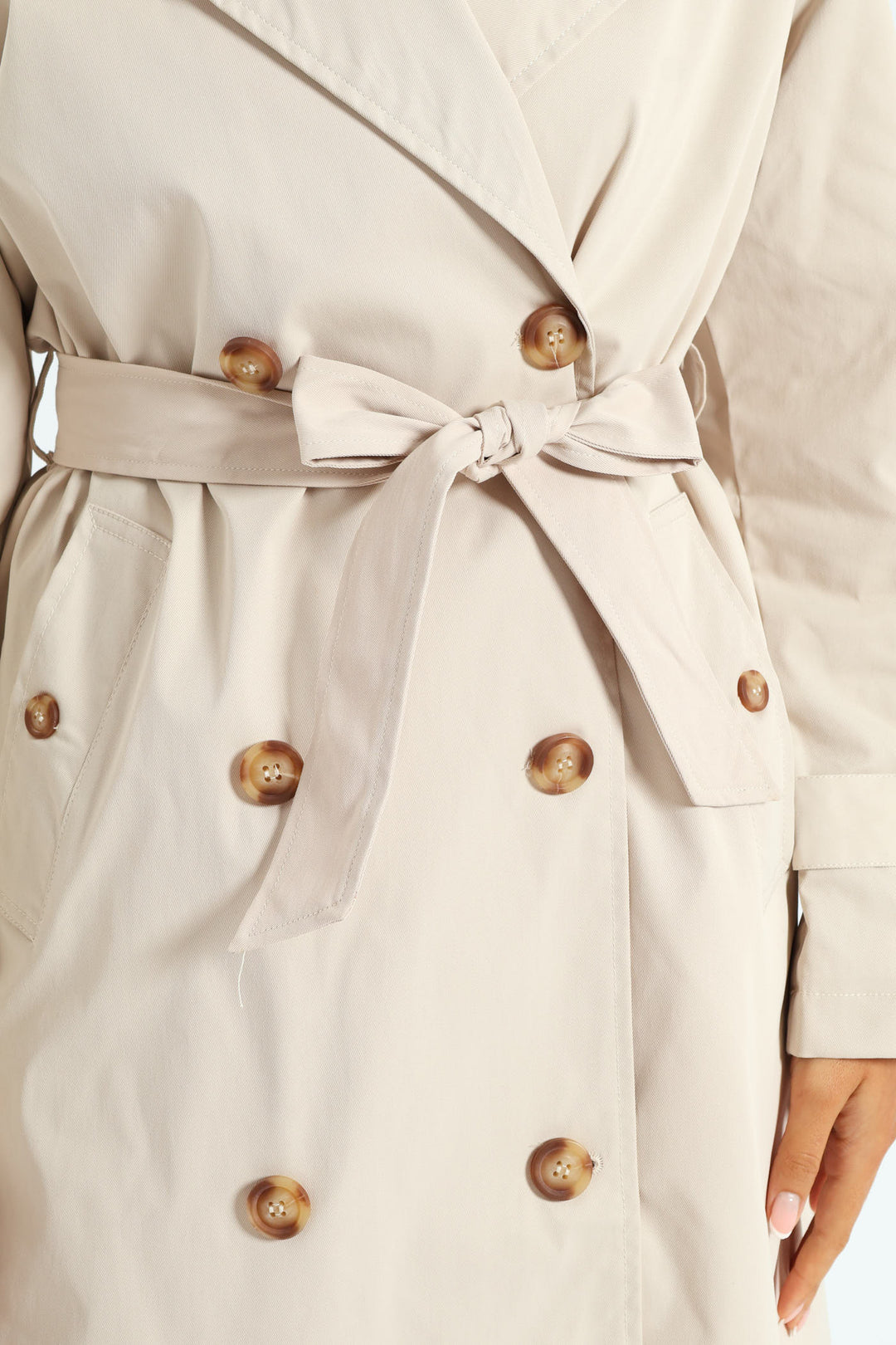Classic Trench Coat With Epaulettes & Button Detail - Stone