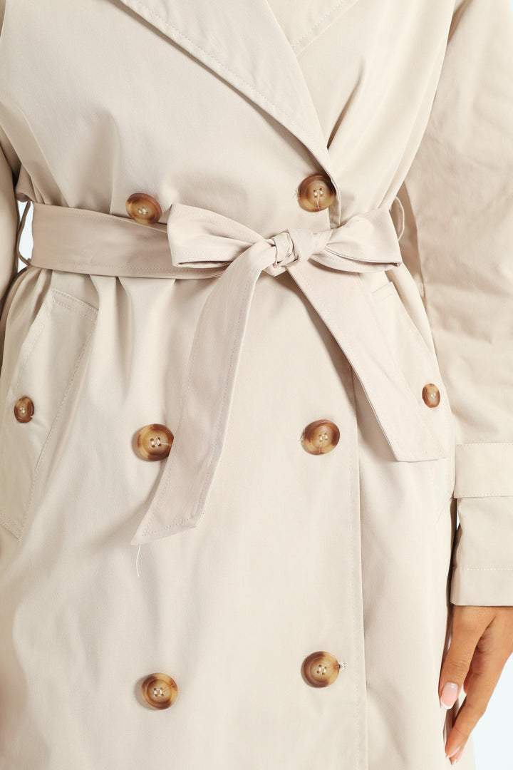 Classic Trench Coat With Epaulettes & Button Detail - Stone