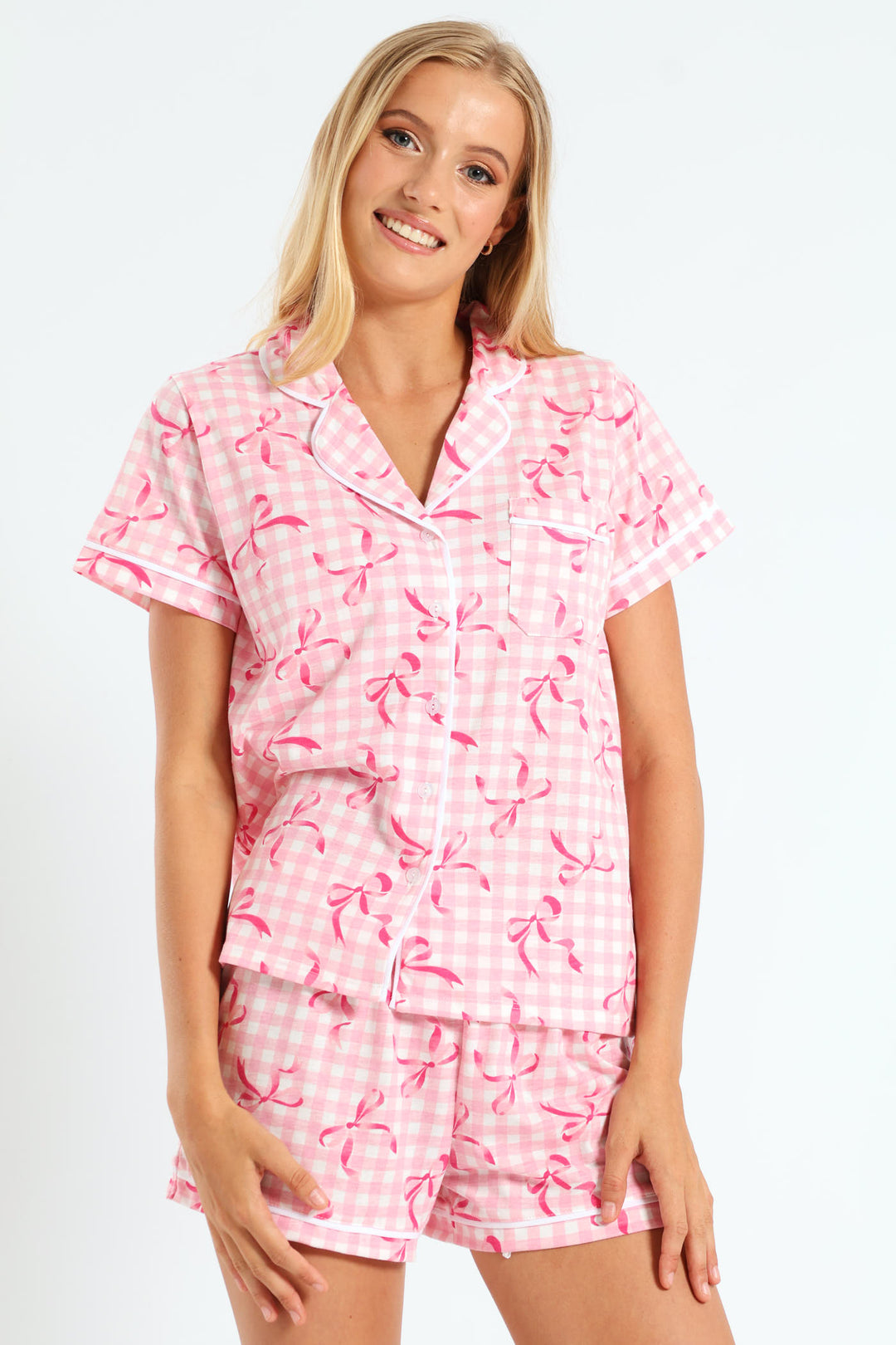 Gingham Bows Button Through & Knit Short Set - White/Pink