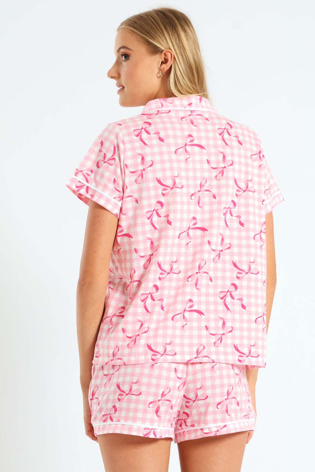 Gingham Bows Button Through & Knit Short Set - White/Pink