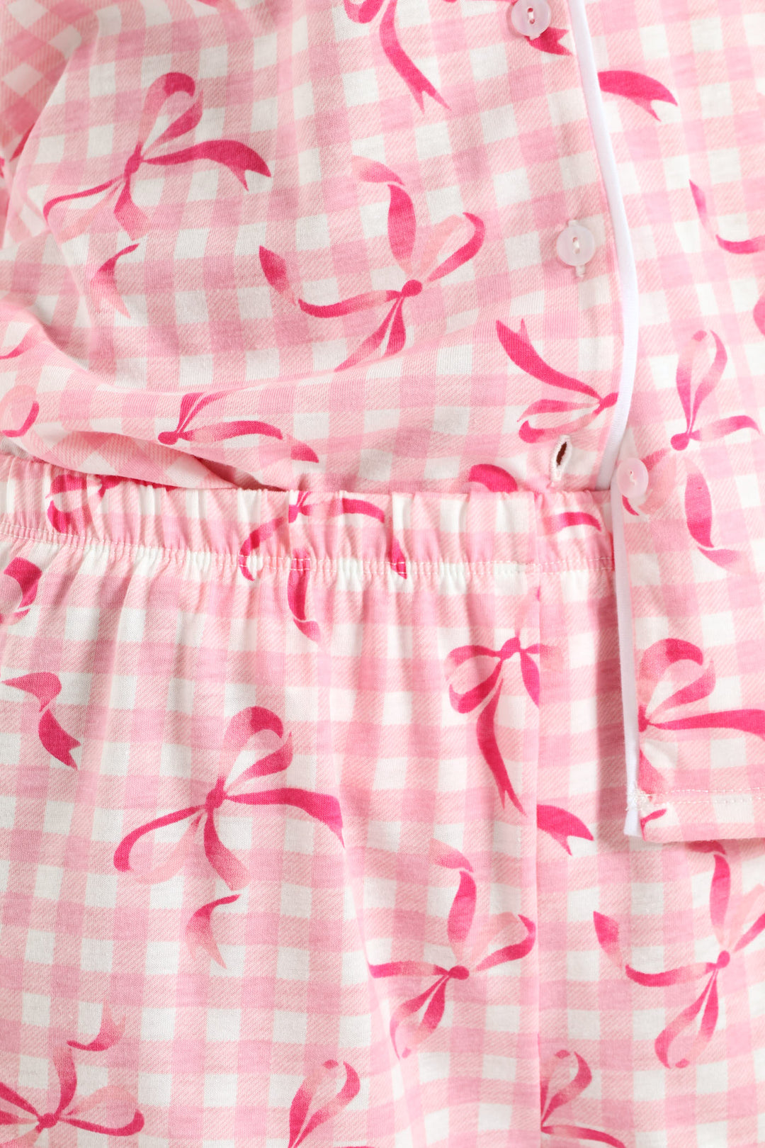 Gingham Bows Button Through & Knit Short Set - White/Pink