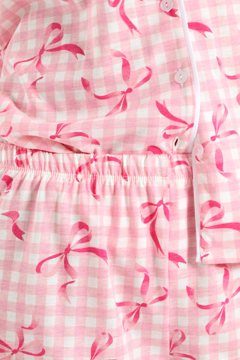 Gingham Bows Button Through & Knit Short Set - White/Pink