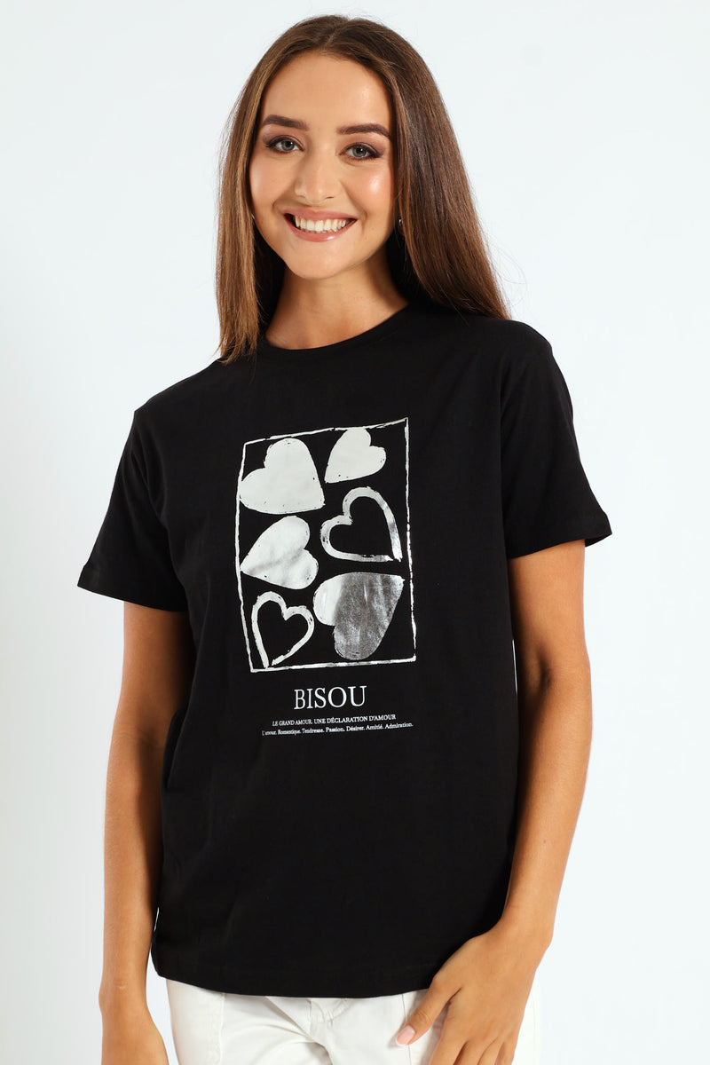 Bisou Foil Heart Regular Tee - Black