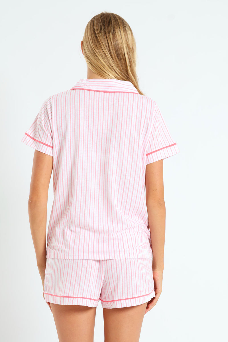 Stripe Button Through & Knit Short Set - White/Pink