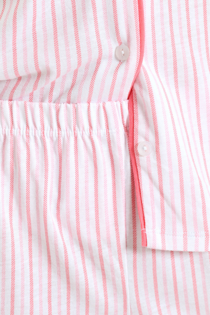 Stripe Button Through & Knit Short Set - White/Pink