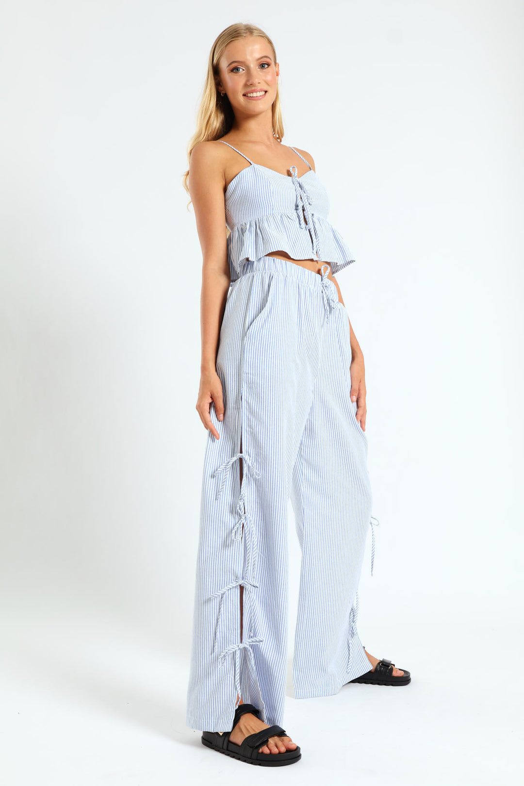 Stripe Side Bow Pants - Blue