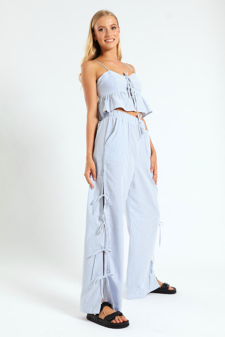 Stripe Side Bow Pants - Blue