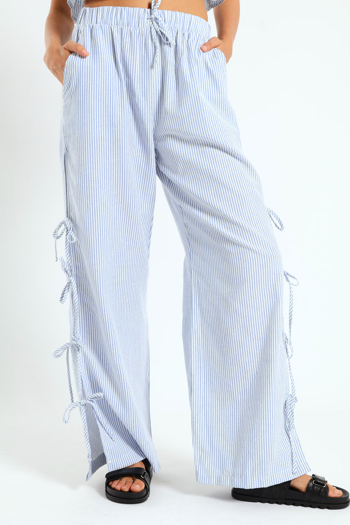 Stripe Side Bow Pants - Blue