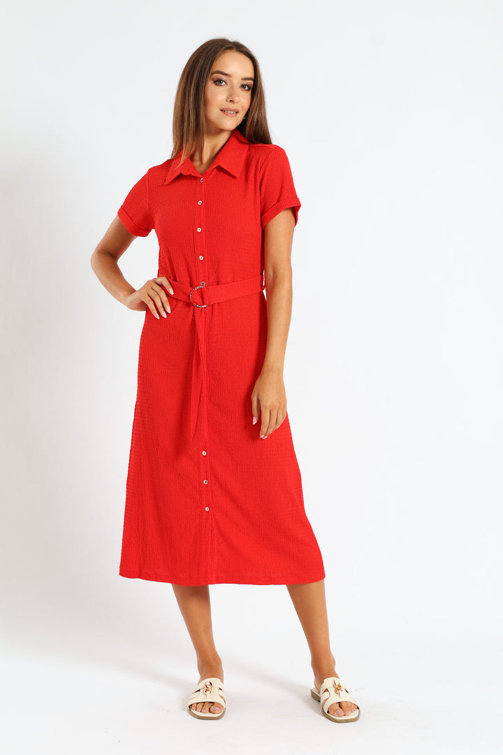 D-Ring Crinkle Midi Shirt Dress - Fiery Red
