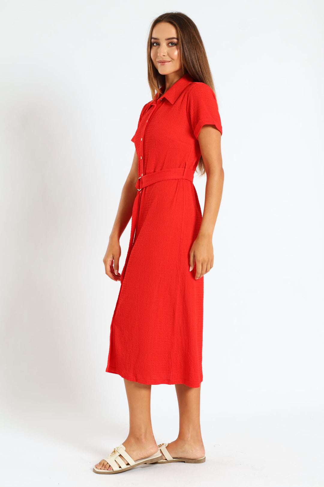D-Ring Crinkle Midi Shirt Dress - Fiery Red