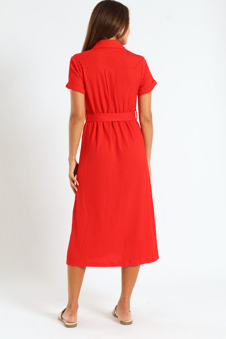 D-Ring Crinkle Midi Shirt Dress - Fiery Red