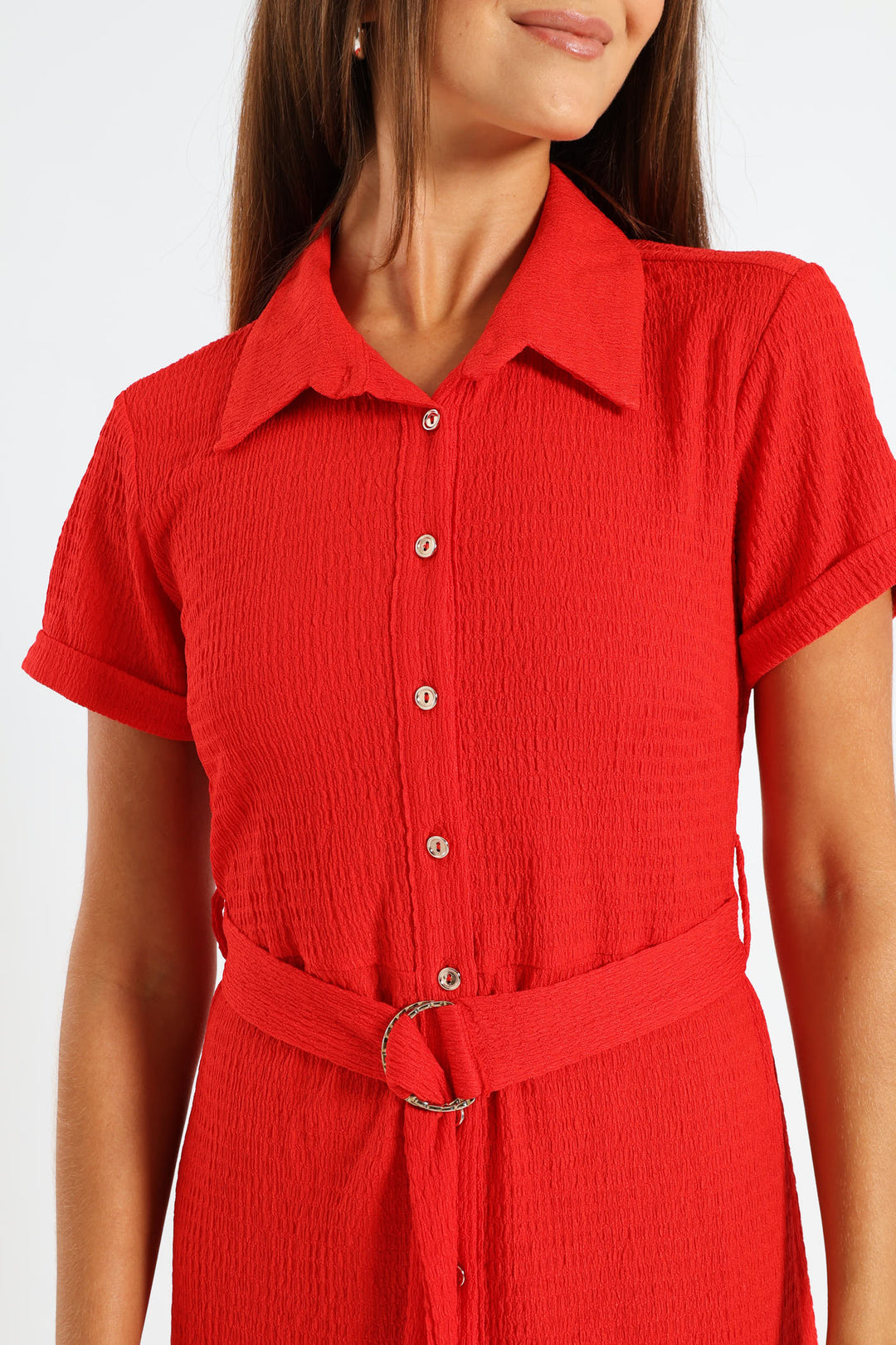 D-Ring Crinkle Midi Shirt Dress - Fiery Red