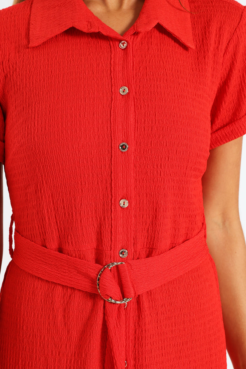 D-Ring Crinkle Midi Shirt Dress - Fiery Red