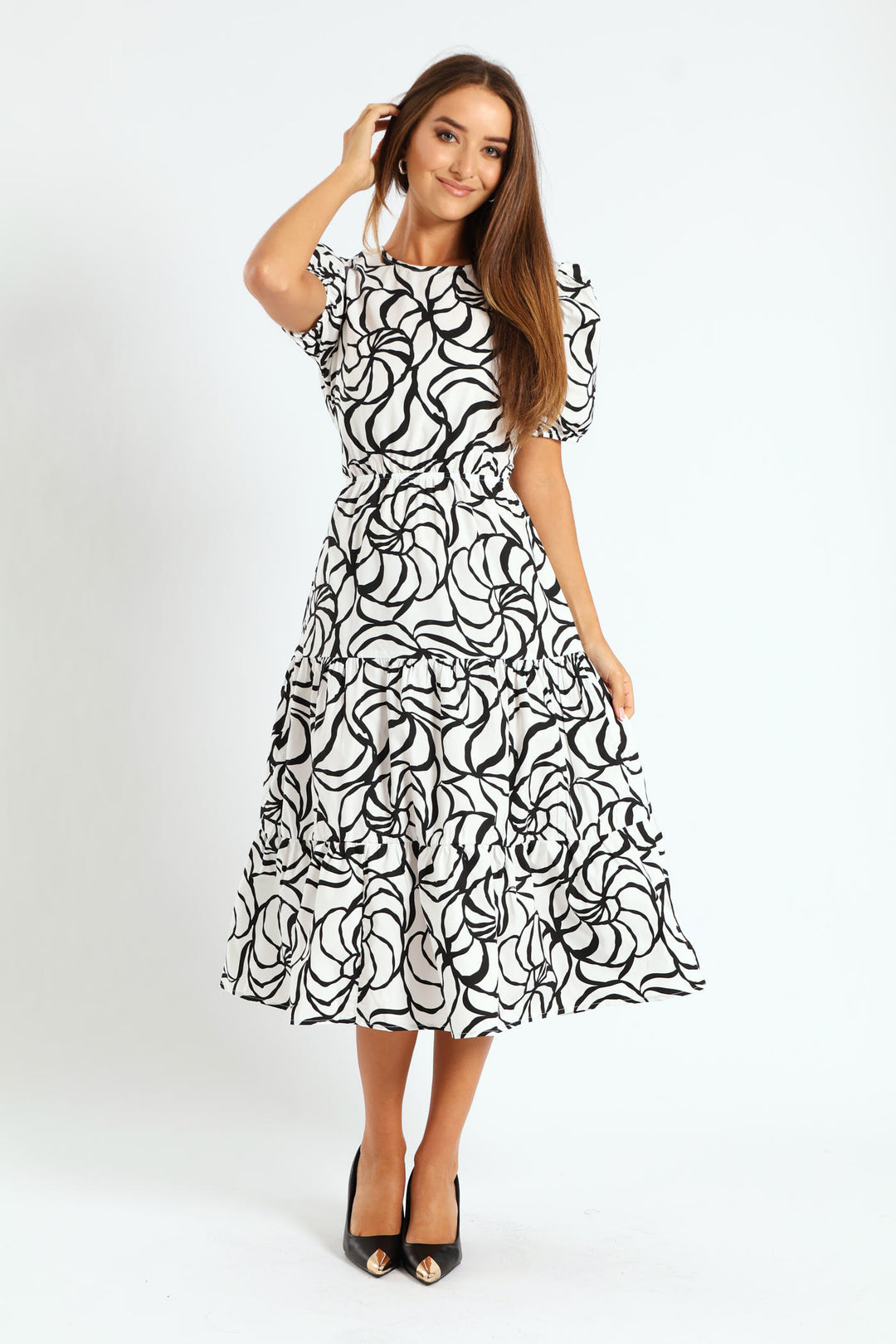 Puff Sleeve Open Back Poplin Tiered Midaxi Dress - Cream/Black