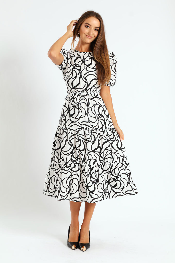 Puff Sleeve Open Back Poplin Tiered Midaxi Dress - Cream/Black