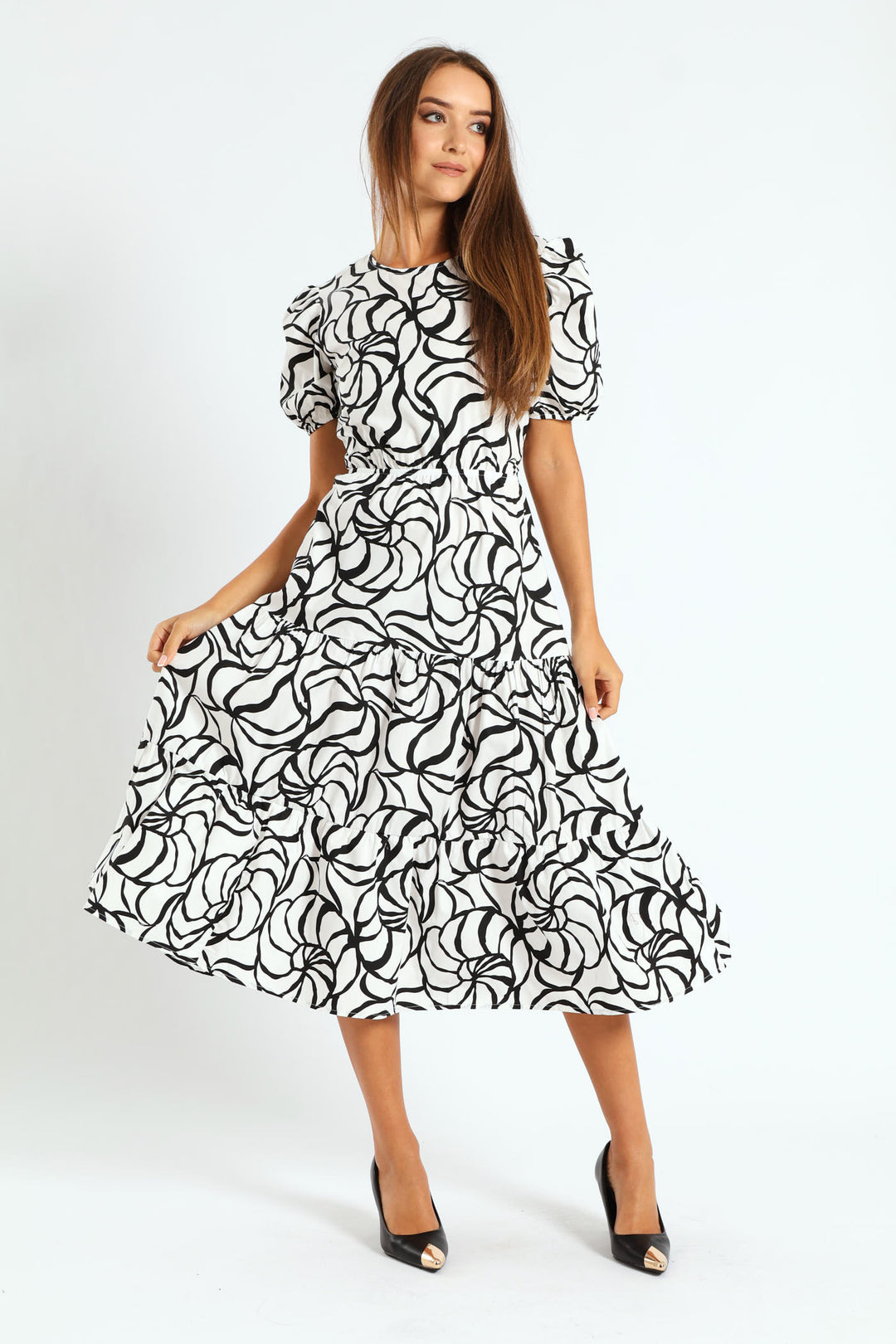 Puff Sleeve Open Back Poplin Tiered Midaxi Dress - Cream/Black