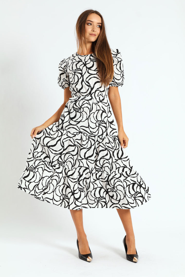 Puff Sleeve Open Back Poplin Tiered Midaxi Dress - Cream/Black