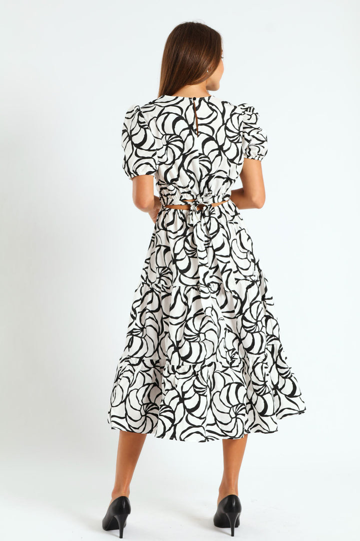 Puff Sleeve Open Back Poplin Tiered Midaxi Dress - Cream/Black