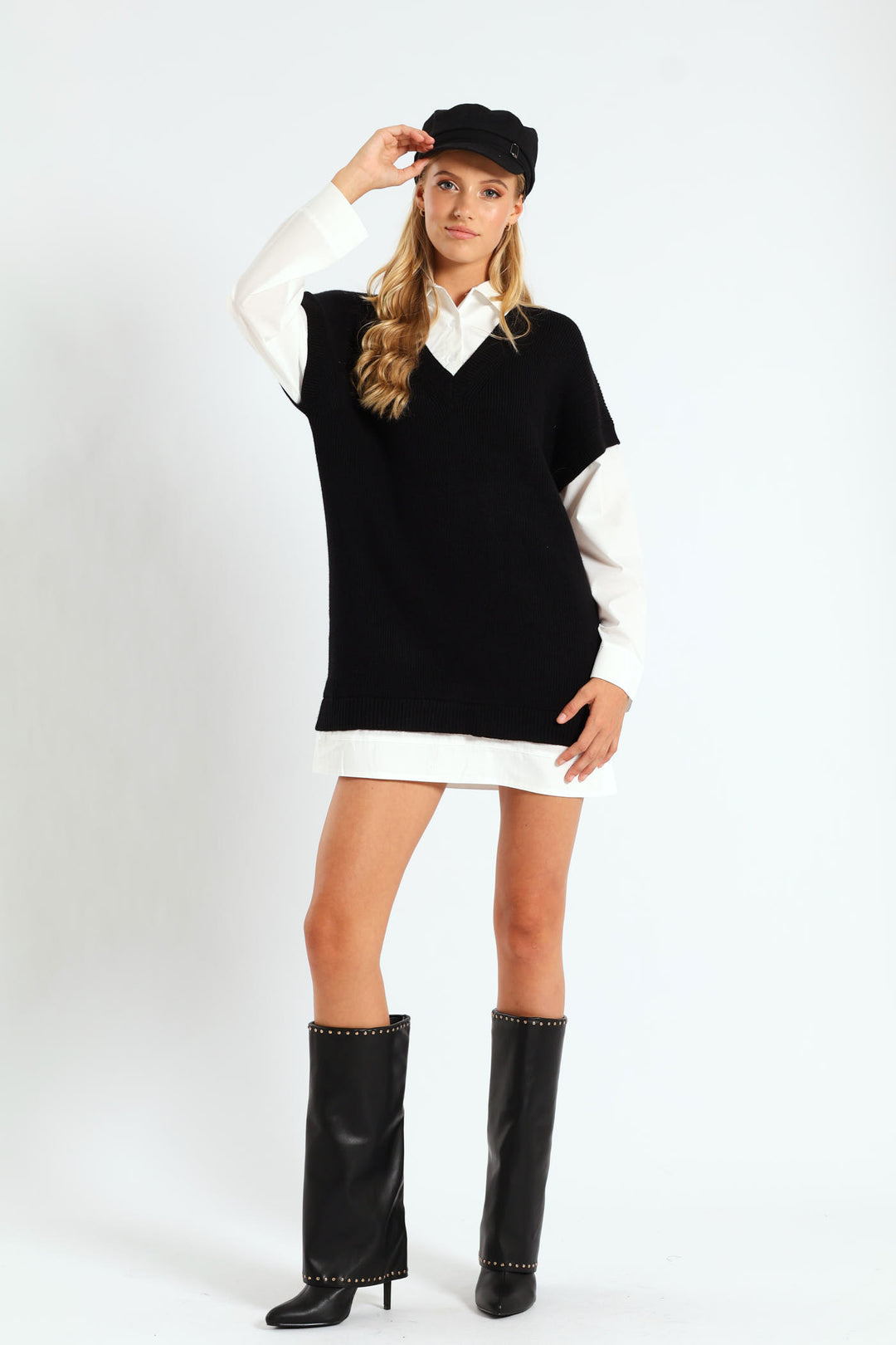Long Sleeve Short Length Dress - Black/White