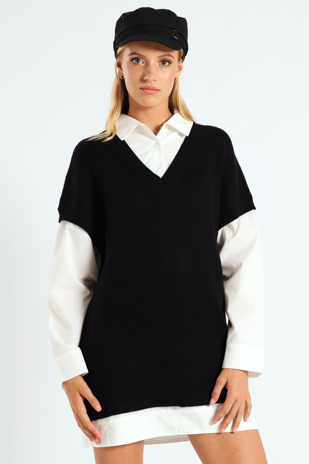 Long Sleeve Short Length Dress - Black/White